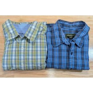Eddie Bauer Plaid Button Down Shirt Lot 2 Mens XL Tall Blue Green Cotton
